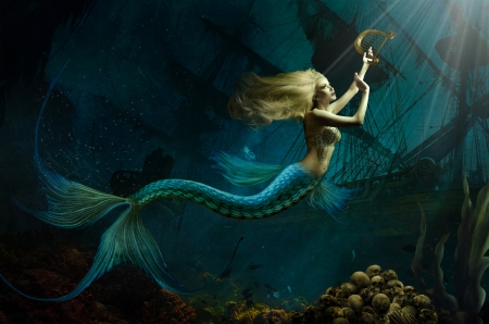 Mermaid and Skulls - pretty, girl, skull, fantasy, siren, mermaid, digital, woman, art, wallpaper