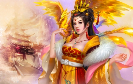 Phoenix Queen - pretty, phoenix, girl, kimono, fantasy, digital, woman, art, wallpaper