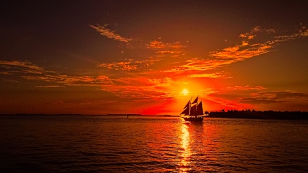 The Sun - sailboat, shore, sunset, sea