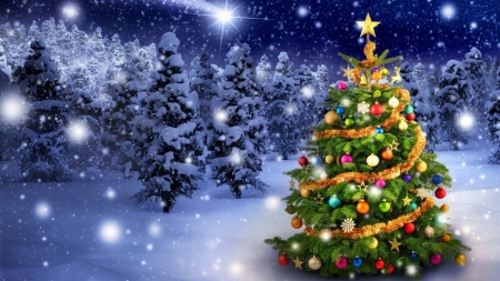 :-) - snow, decorations, Christmas, tree