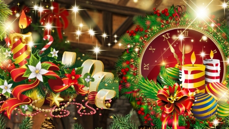 Christmas Time - stars, candles, pine, light, shine, beads, christmas, decorations, new years, clock, ribbon, feliz navidad, firefox theme