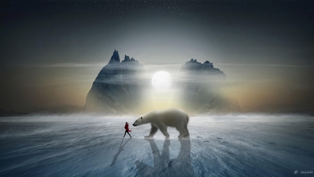 :-) - girl, iarna, polar bear, winter, creative, fantasy, sunrise, softyrider62