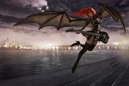 Night muse - bat, violin, jh stonehouse, girl, fantasy, instrument, redhead, wings, art, luminos, demon