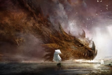 Dragon - brown, fantasy, ships, daniel dociu, dragon, luminos, sea, art