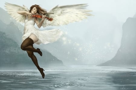 Day muse - violin, jh stonehouse, girl, angel, fantasy, instrument, white, wings, art, luminos