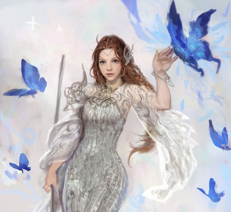 Butterfly princess - white, girl, luminos, blue, hand, frumusete, fantasy, seunghee lee