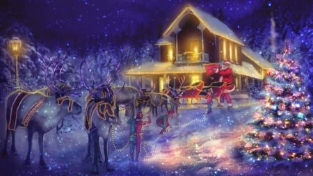 Santas Arriving - house, rein, sant, elves, deer, sliegh, light