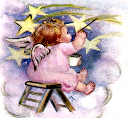 Little Angel Painting Stars - painting, sky, stars, pink, clouds, angels, wings