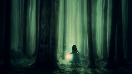 :-) - forest, girl, lantern, darkmoon1968, fantasy, light, tree, luminos, green