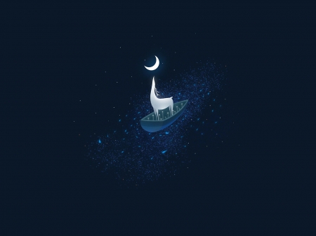 :-) - summer, blue, boat, silhouette, reflection, stars, caprioara, luminos, sky, luna, vara, moon, water, fantasy, white, deer, guihuahuzi