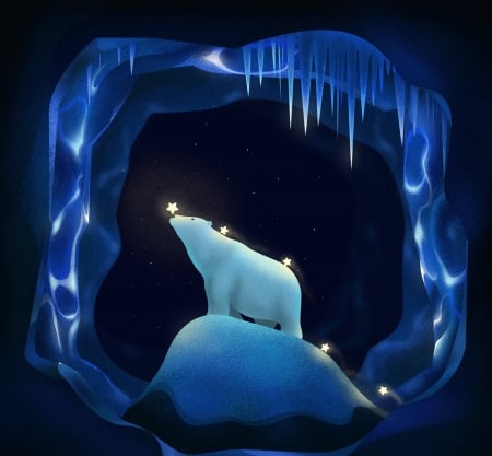 Wishing star - star, winter, blue, black, ice, fantasy, white, guihuahuzi, iarna, polar bear, luminos