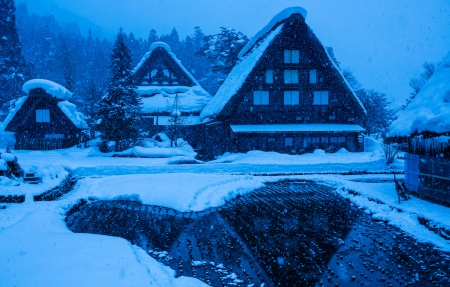 Winter Night - houses, japan, snow, winter, night