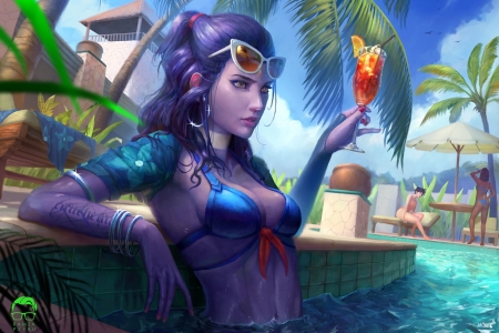 :-) - summer, blue, girl, cocktail, fantasy, ramza ardyputra, pool, luminos, palm tree