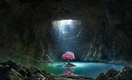 The pink tree - water, fantasy, game, pink, luminos, blue, klondike, cave, tree, copac, olga antonenko