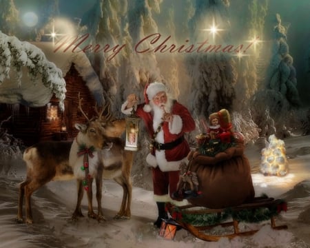 CHRISTMAS - santa, reindeer, trees, snow, winter, cabin, christmas