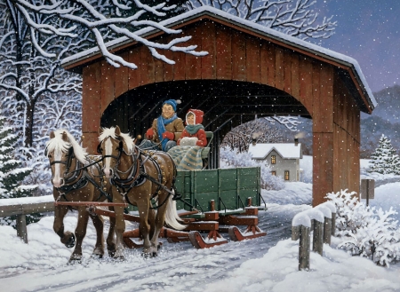 covered bridge - bridges, winter, nature, horses, paintings, snow, art