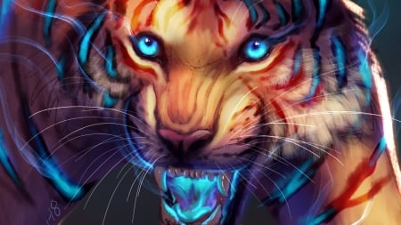 Tiger - fantasy, tiger, minea juntura, orange, luminos, tigru, blue, eyes