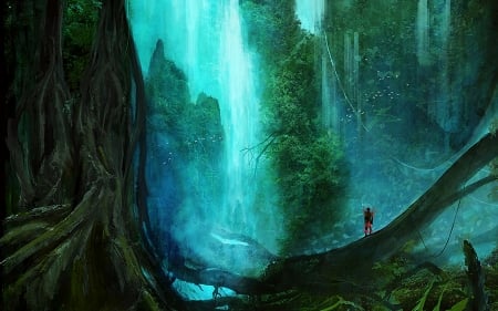 Waterfall - fantasy, waterfall, ignacio de la calle, luminos, blue, art, green