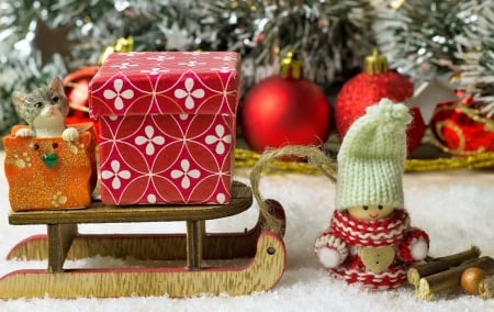 Christmas decoration - pretty, winter, sleigh, toys, christmas, decoration, holiday, balls, present, arrangement, snow