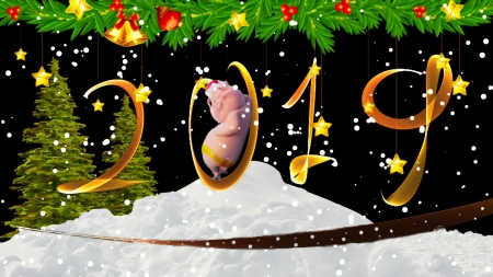 Happy New Year! - new year, pig, snow, holiday, winter, decoration, christmas