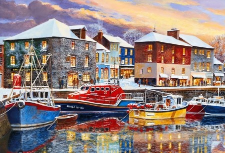 Padstow in winter - reflections, winter, town, boat, snow, harbor, art