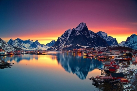 Merry Christmas and a Happy and Prosperous New Year to You All  - lake, mountain, sunset, mirror reflection, red houses