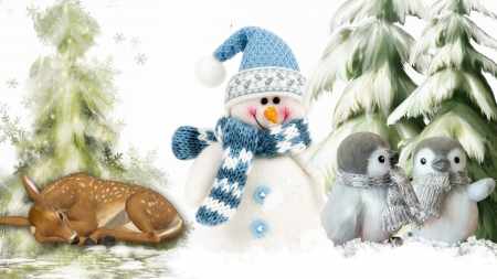 Snowman's Friends - snow man, trees, Firefox theme, winter, penguins, snow, forest, deer, woods