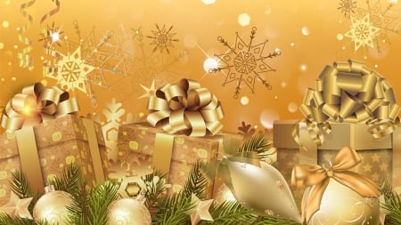 Gifts of Gold - snow flakes, pine, spruce, christmas, fir, evergreen, gold gifts, decorations, holiday, feliz navidad