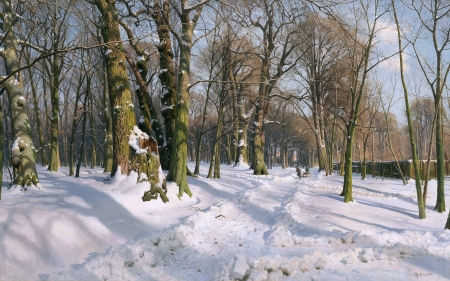 Winter Forest - painting, sky, trees, shadows, snow, path