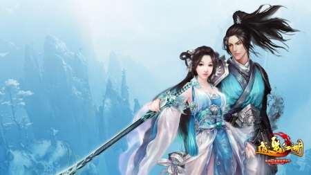 :-) - couple, girl, fantasy, asian, white, blue, luminos, man, sword, happy lakes