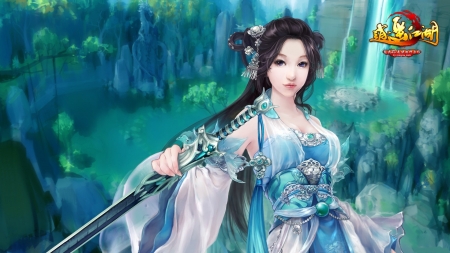 Fantasy girl - blue, girl, sword, happy lakes, frumusete, fantasy, green, asian, luminos