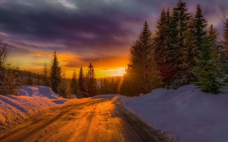 On a Winter Road - winter, sunset, nature, road, snow, norway