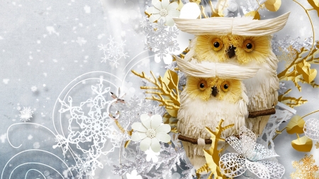 Snowflakes and Owls - owls, Firefox theme, winter, snow, lace, light, snow flakes, flowers, decorations, hobby