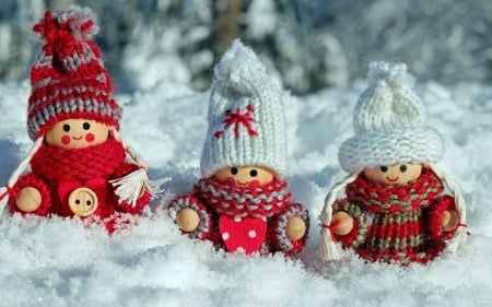 Dolls in Snow - snow, dolls, winter, wooden