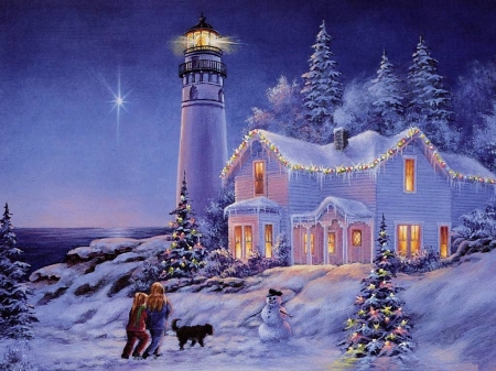 lighthouse decorated - christmas, people, lighthouse, lights, ocean