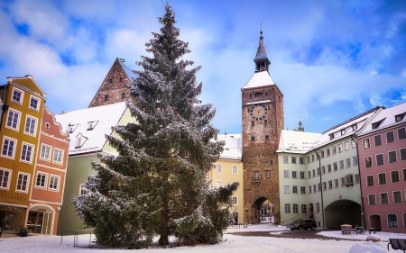 Landsberg, Germany - clocks, gate, Landsberg, winter, Germany, town, houses, tree