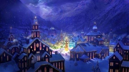 Christmas night - city, painting, night, christmas