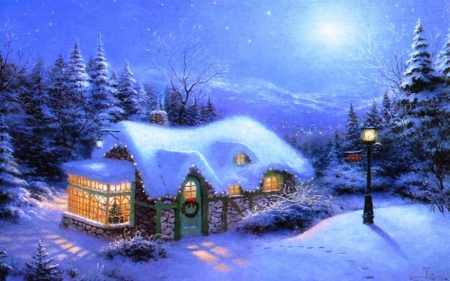 Christmas house - notte, natale, pittura, casa