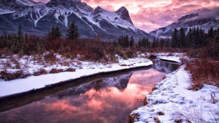 Colorful winter - mountains, wallpaper, winter, landscape, sky, reflection, clouds, river, sunset, nature, sunrise, dawn, snow