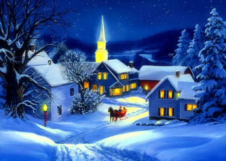 Christmas steeple - sleigh, steeple, winter, evening, snow, night, village, christmas, countryside, houses, peaceful