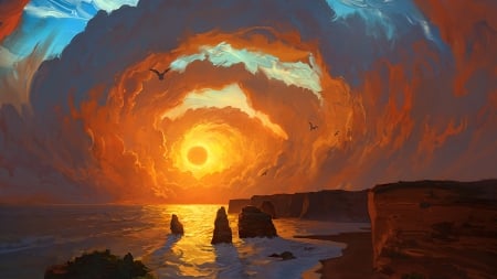 Sunset - water, rock, sea, orange, artem chebokha, fantasy, sunset, artem cheboka, cloud, art, sky, luminos