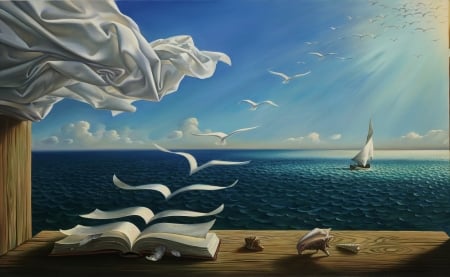 :) - paper, summer, water, boat, ship, surrealism, blue, art, vladimir kush, white, fantasy, sea, luminos, vara