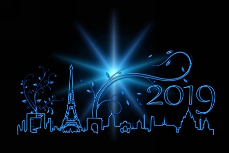 Happy New Year, Paris! - black, paris, winter, craciun, blue, new year, 2019, card