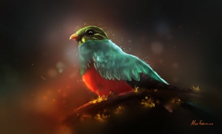 Autumn bird - red, fantasy, mike fazbear, bird, pasari, luminos, green