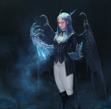 Demoness - magical, park pyeongjun, wings, frumusete, fantasy, white, girlo, luminos, blue, bat, demon