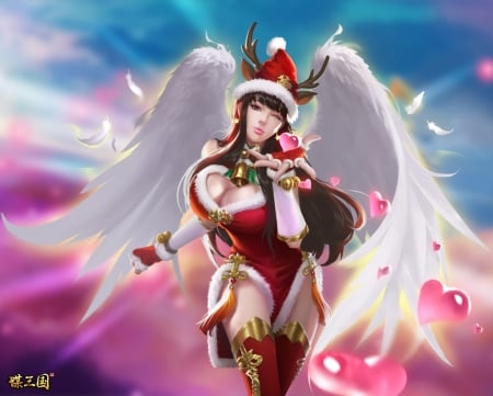 Christmas angel - red, pink, game, craciun, girl, christmas, blue, wings, white, fantasy, hat, santa, shaobing wang, luminos, angel