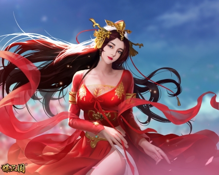 Fantasy girl - shaobing wang, frumusete, fantasy, smash of dynasty, blue, red, girl, luminos