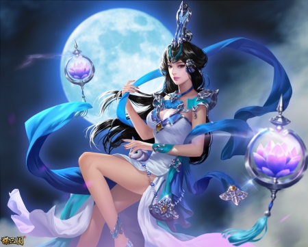 Fantasy girl - shaobing wang, moon, girl, frumusete, fantasy, smash of dynasty, game, pink, blue, luminos, luna