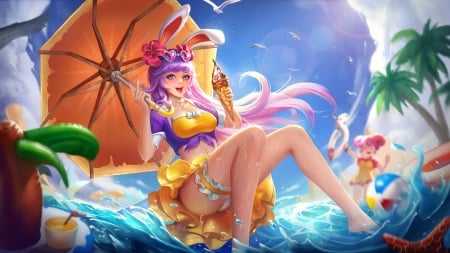 Fantasy girl - summer, water, game, girl, umbrella, yonghe qiu, blue, ears, orange, sea, luminos, vara, bunny