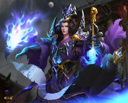 Sorcerer - game, smash of dynasty, blue, man, shaobing wang, fantasy, purple, luminos, sorcere